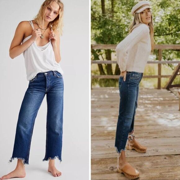 Free People Denim - NEW Free People paint splatter raw hem cropped Maggie straight jeans, 31